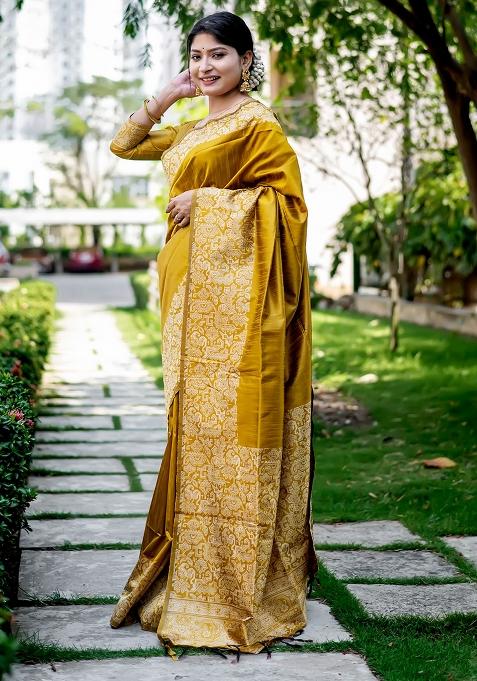 Mustard Embroidered Silk Saree Set