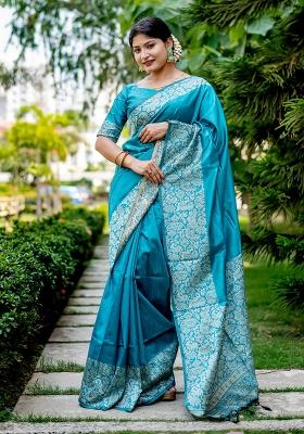 Aqua Embroidered Silk Saree Set