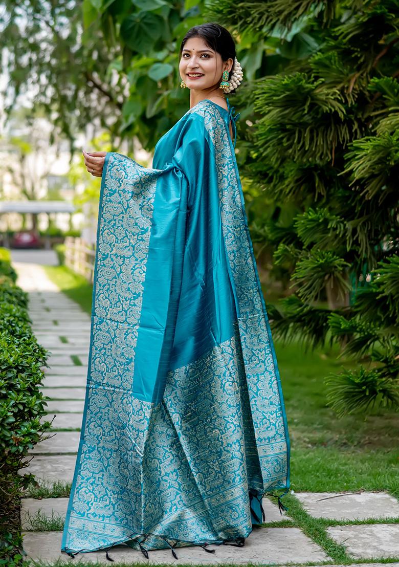 Aqua Embroidered Silk Saree Set - Indya