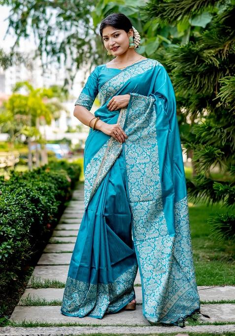 Aqua Embroidered Silk Saree Set