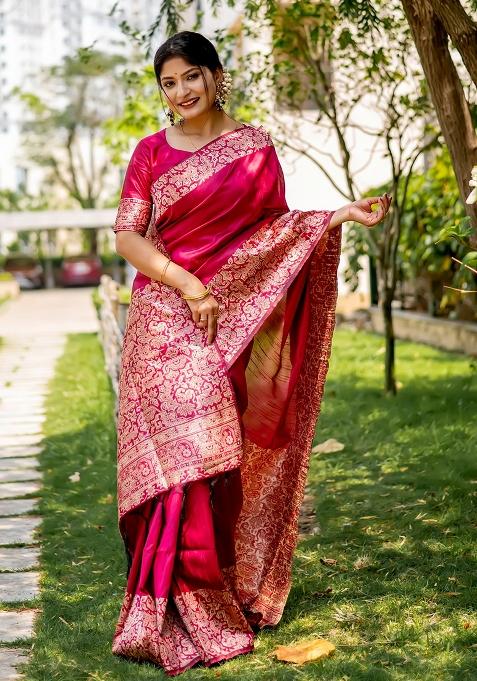 Magenta Embroidered Silk Saree Set