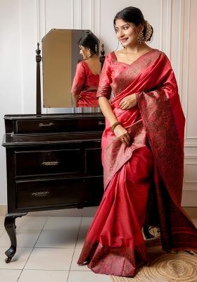 Red Embroidered Silk Saree Set
