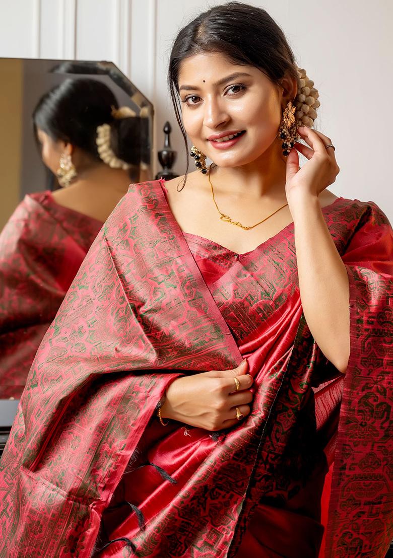 Red Embroidered Silk Saree Set
