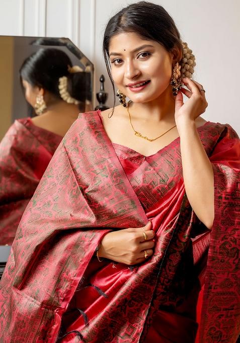 Red Embroidered Silk Saree Set