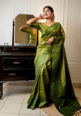 Mehendi Embroidered Silk Saree Set