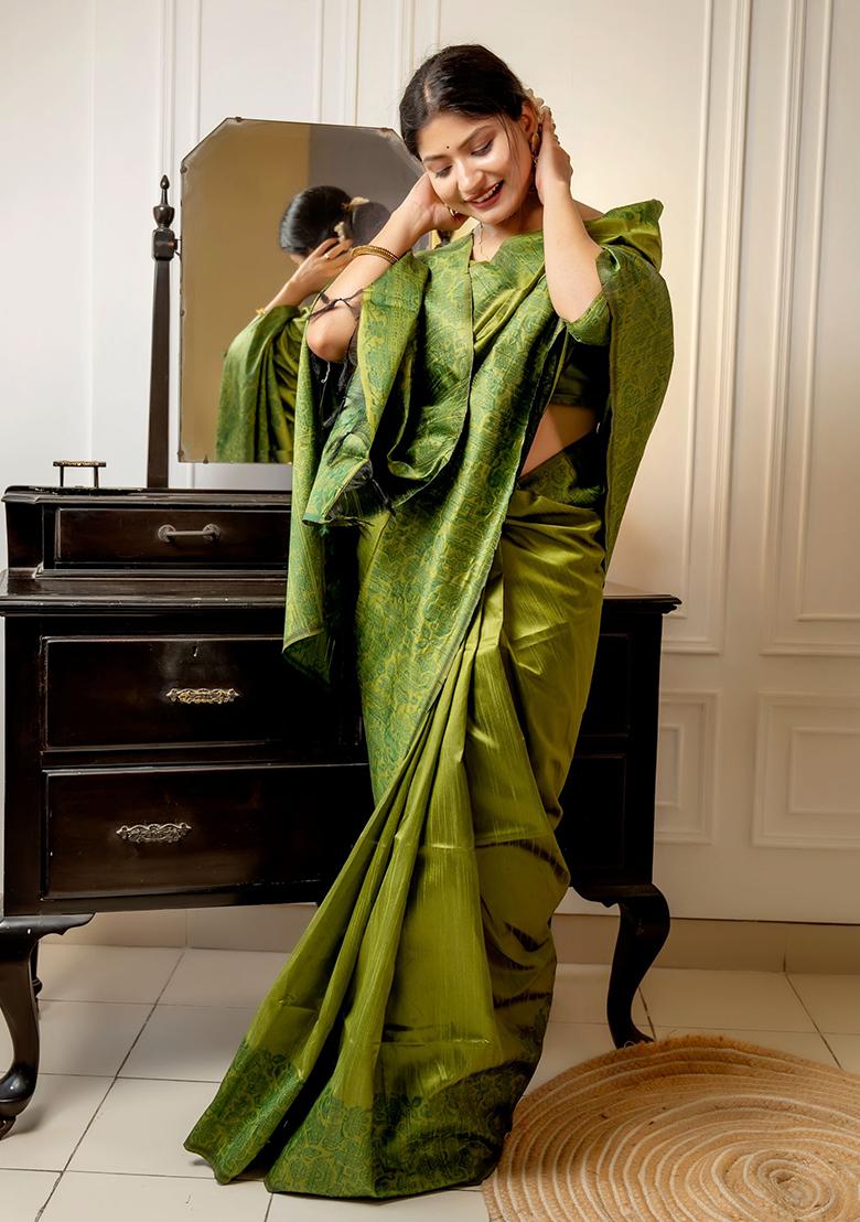 Mehendi Embroidered Silk Saree Set