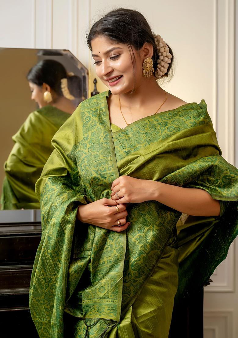 Mehendi Embroidered Silk Saree Set