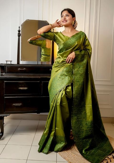 Mehendi Embroidered Silk Saree Set