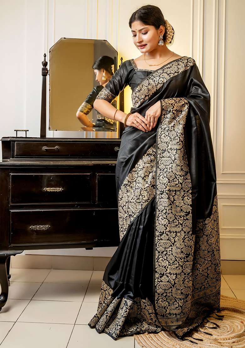 Black Embroidered Silk Blend Saree Set - Indya
