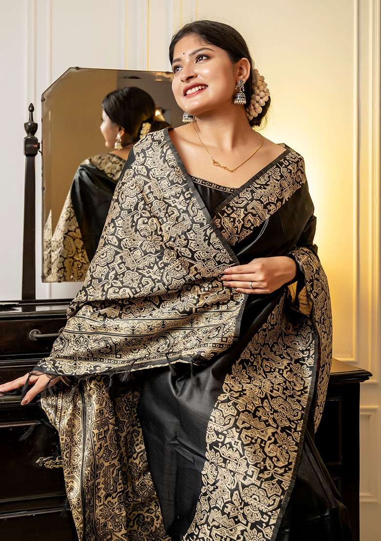 Black Embroidered Silk Blend Saree Set - Indya