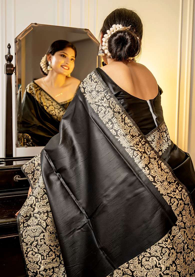 Black Embroidered Silk Blend Saree Set - Indya