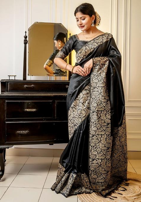 Black Embroidered Silk Saree Set