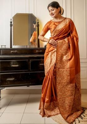 Orange Embroidered Silk Saree Set