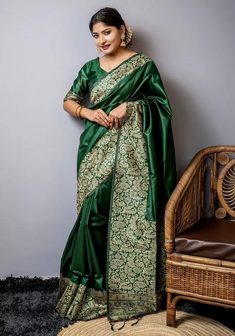 Green Embroidered Silk Saree Set
