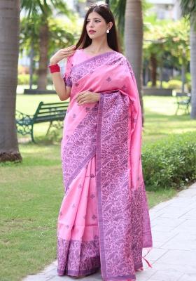 Pink Embroidered Silk Saree Set
