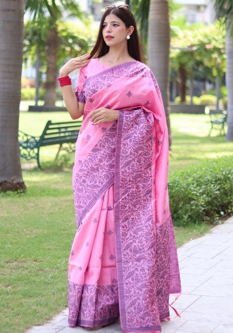 Pink Embroidered Silk Saree Set