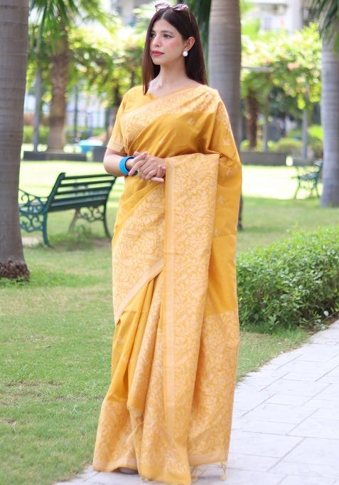 Yellow Embroidered Silk Saree Set