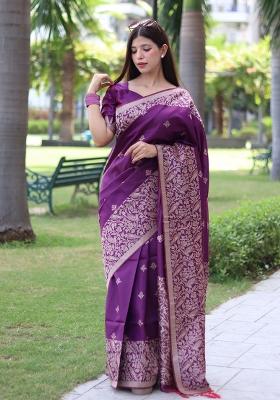 Purple Embroidered Silk Saree Set
