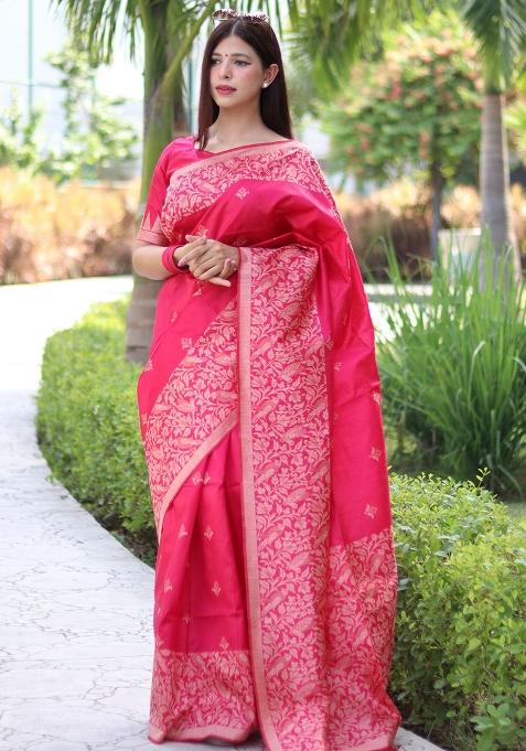 Dark Pink Embroidered Silk Saree Set