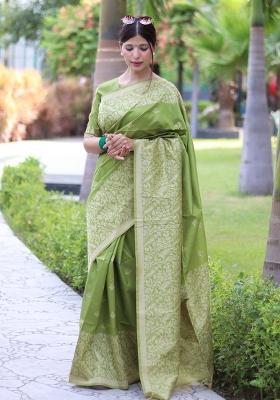 Pista Embroidered Silk Saree Set