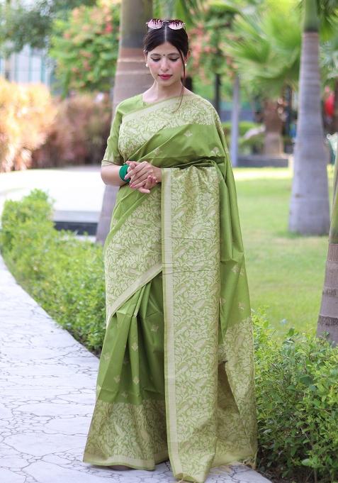 Pista Embroidered Silk Saree Set