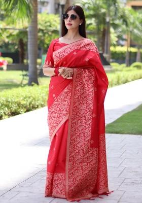 Red Embroidered Silk Saree Set