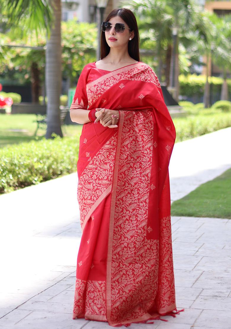 Red Embroidered Silk Saree Set