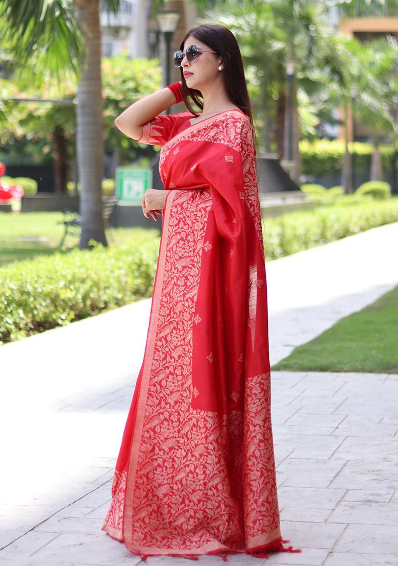 Red Embroidered Silk Saree Set