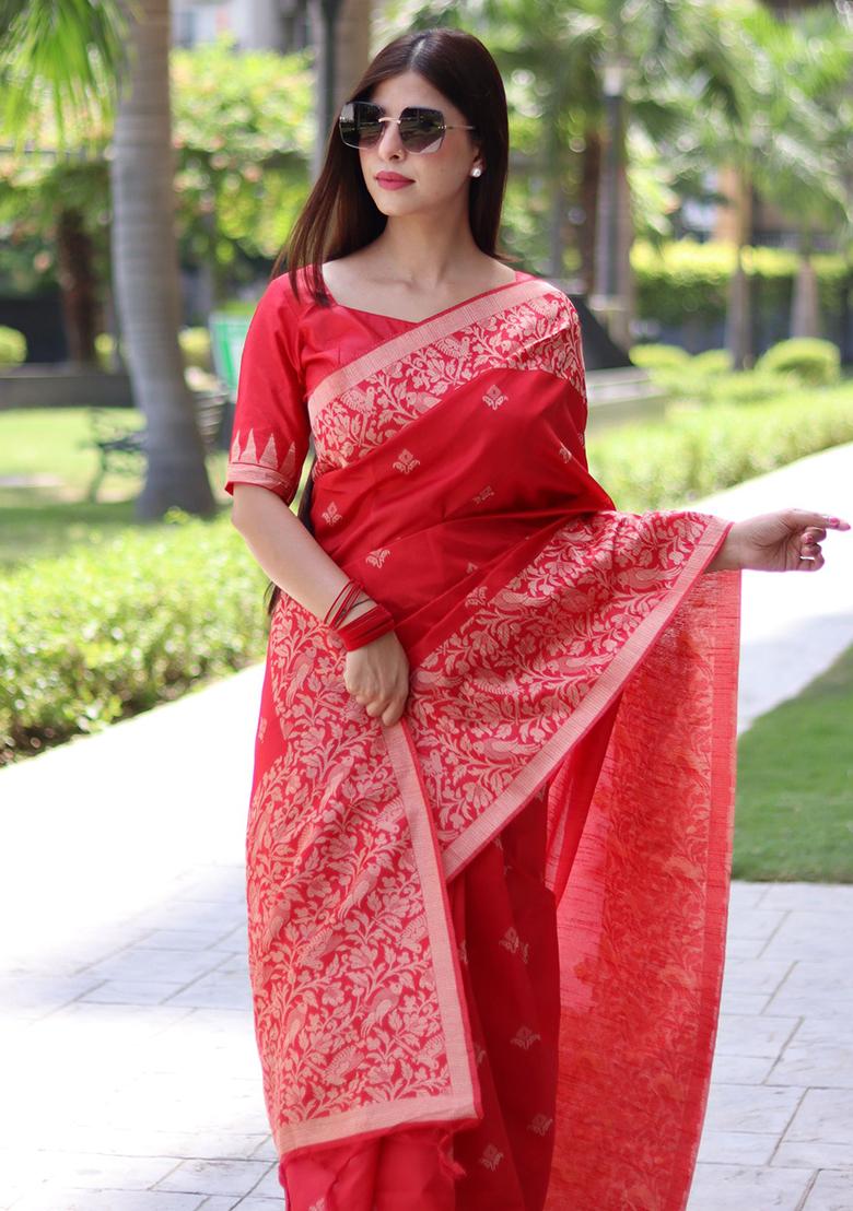 Red Embroidered Silk Saree Set