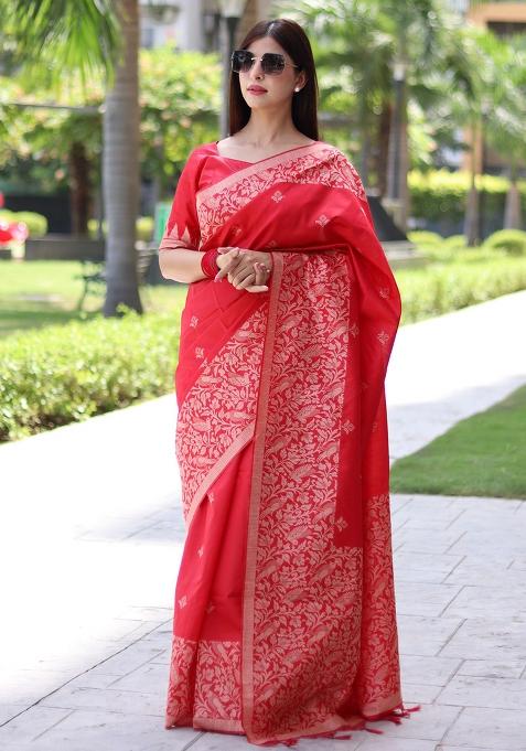 Red Embroidered Silk Saree Set