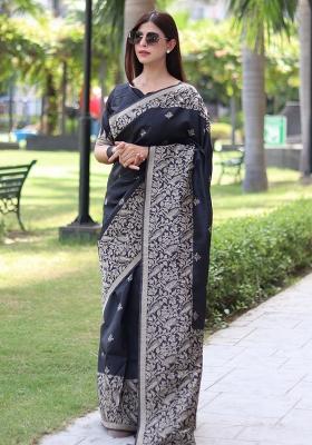Black Embroidered Silk Saree Set