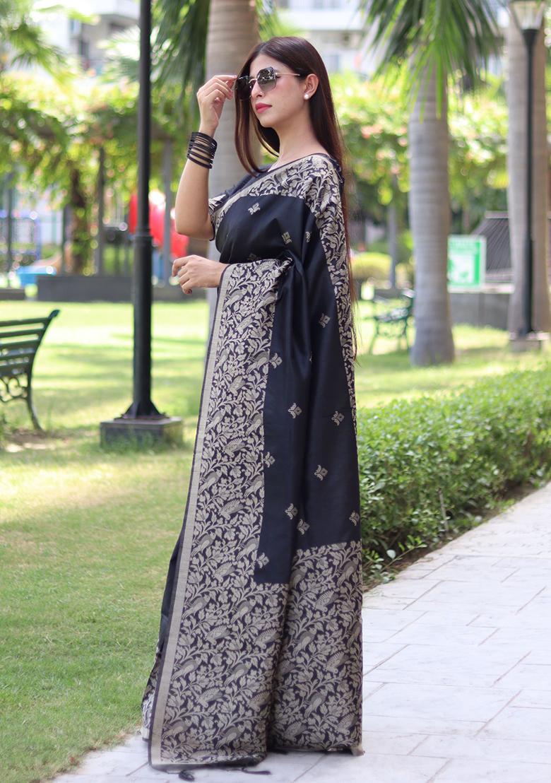 Black Embroidered Silk Saree Set - Indya