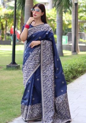 Blue Embroidered Silk Saree Set