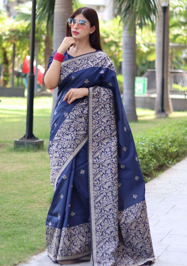 Blue Embroidered Silk Blend Saree Set - Indya