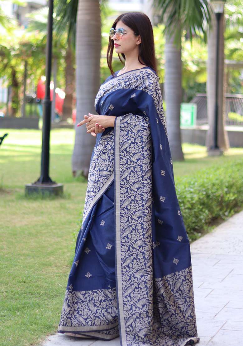 Blue Embroidered Silk Blend Saree Set - Indya