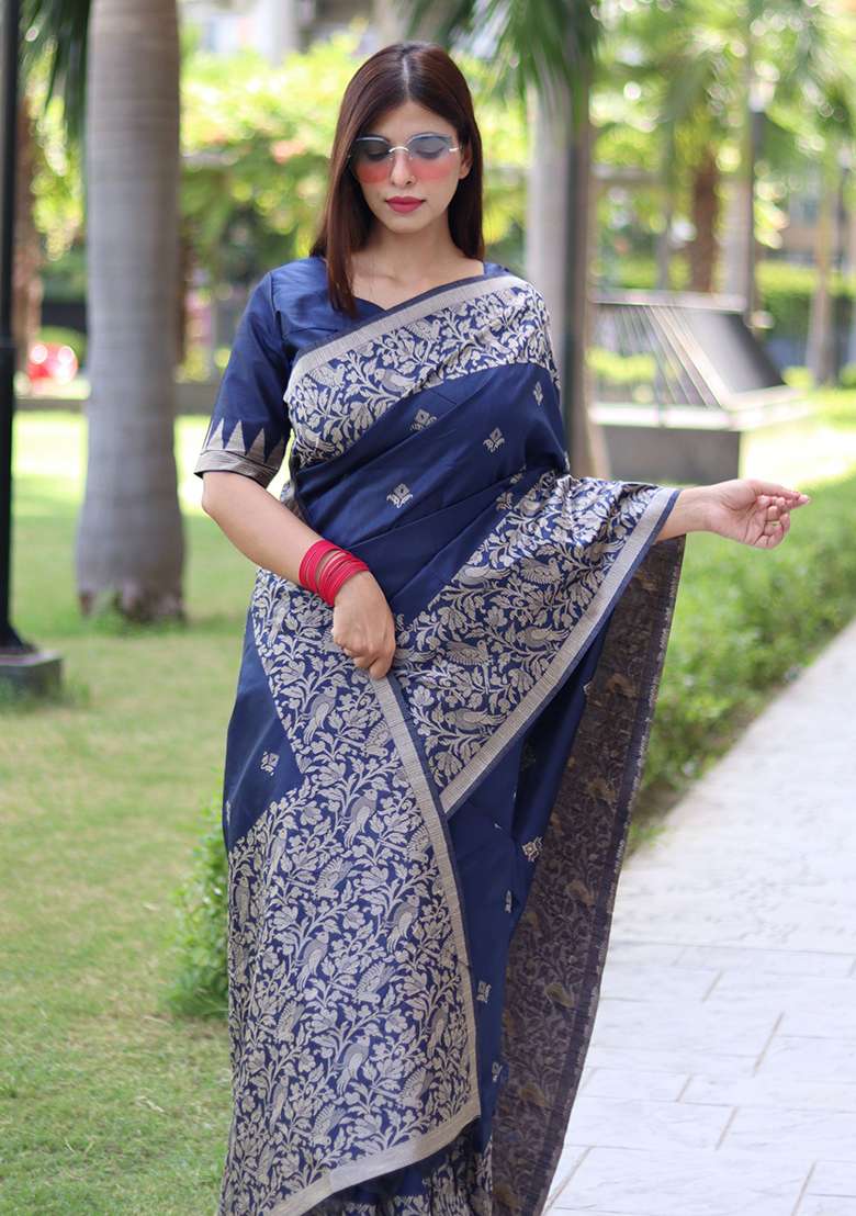 Blue Embroidered Silk Blend Saree Set - Indya