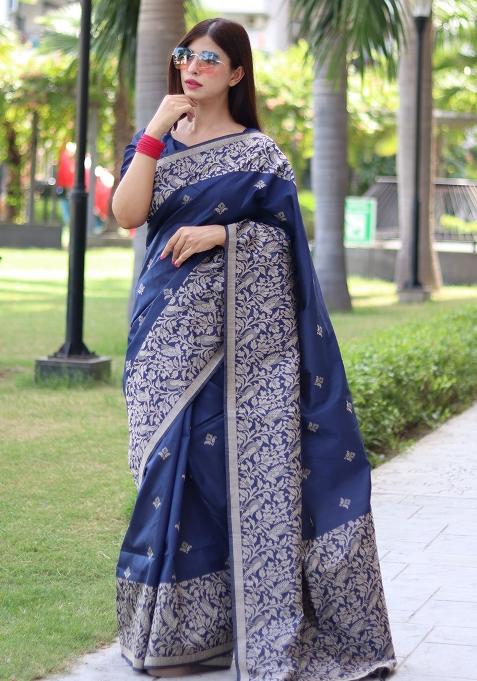 Blue Embroidered Silk Saree Set