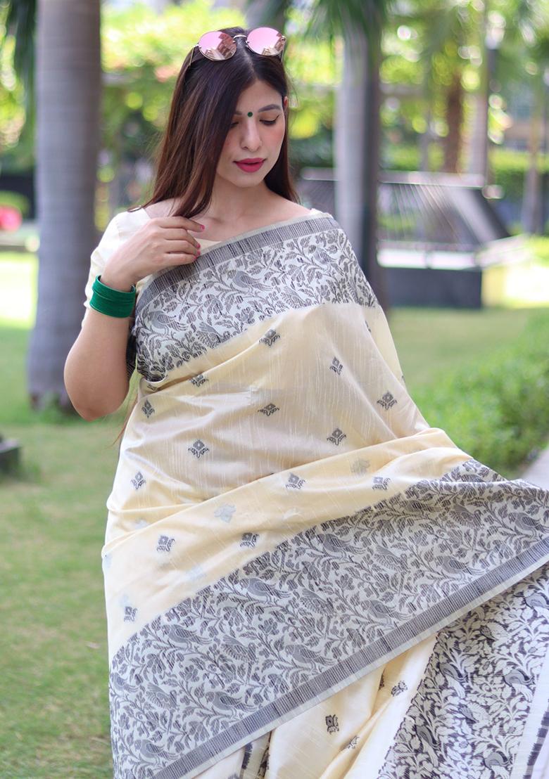 Cream Embroidered Silk Saree Set - Indya