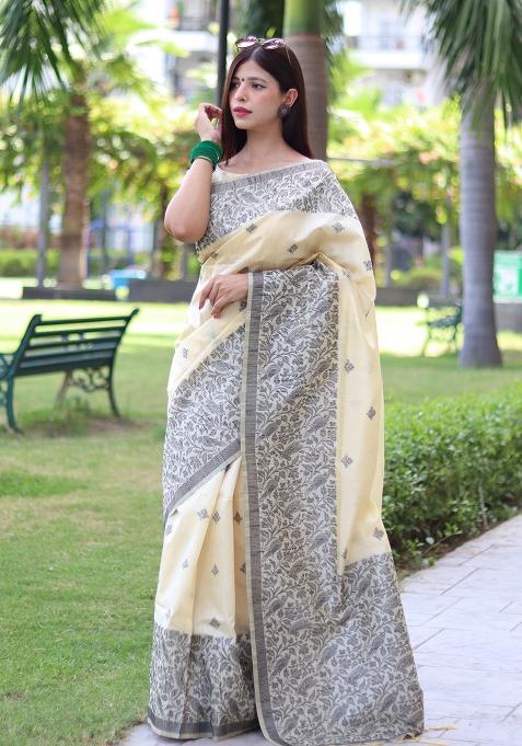 Cream Embroidered Silk Saree Set