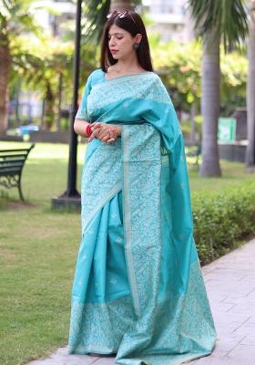 Aqua Embroidered Silk Saree Set