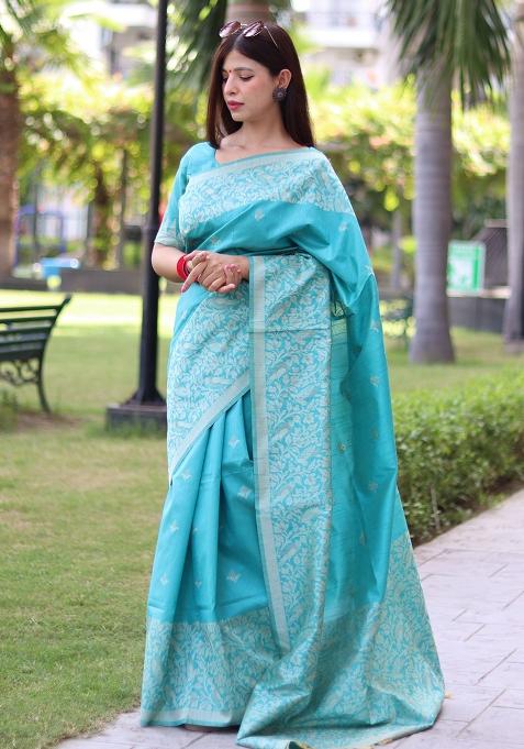 Aqua Embroidered Silk Saree Set