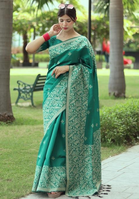Light Green Embroidered Silk Saree Set
