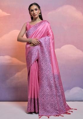 Pink Embroidered Silk Saree Set
