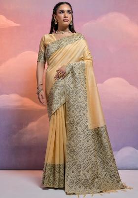Cream Embroidered Silk Saree Set