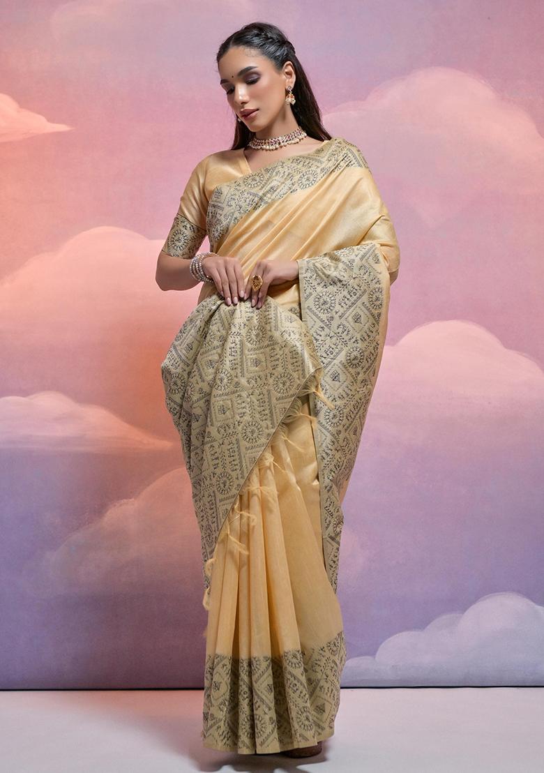 Cream Embroidered Silk Saree Set - Indya