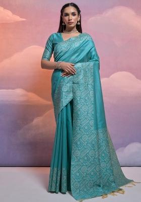 Aqua Embroidered Silk Saree Set