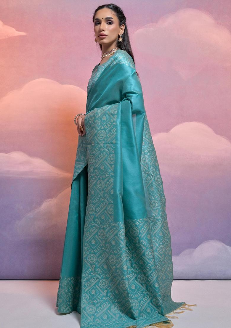 Aqua Embroidered Silk Saree Set - Indya