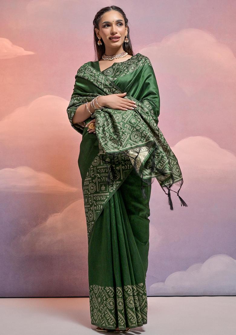 Green Embroidered Silk Saree Set