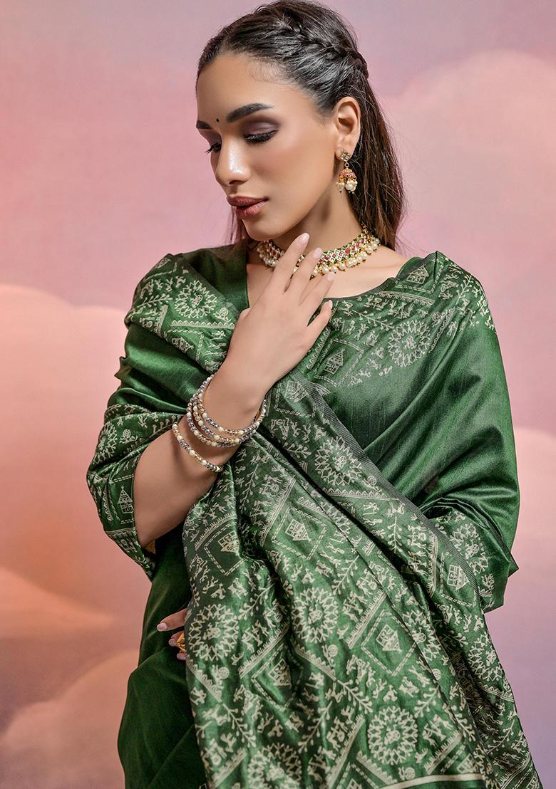 Green Embroidered Silk Saree Set