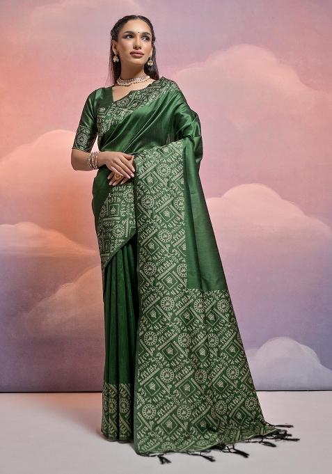 Green Embroidered Silk Saree Set